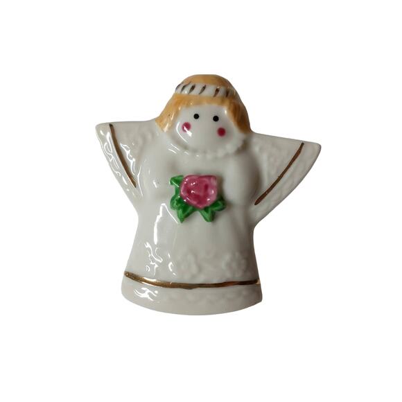 Vintage Ceramic Angel Brooch Christmas Holiday Pink Rose Lapel Pin VTG - Picture 6 of 7